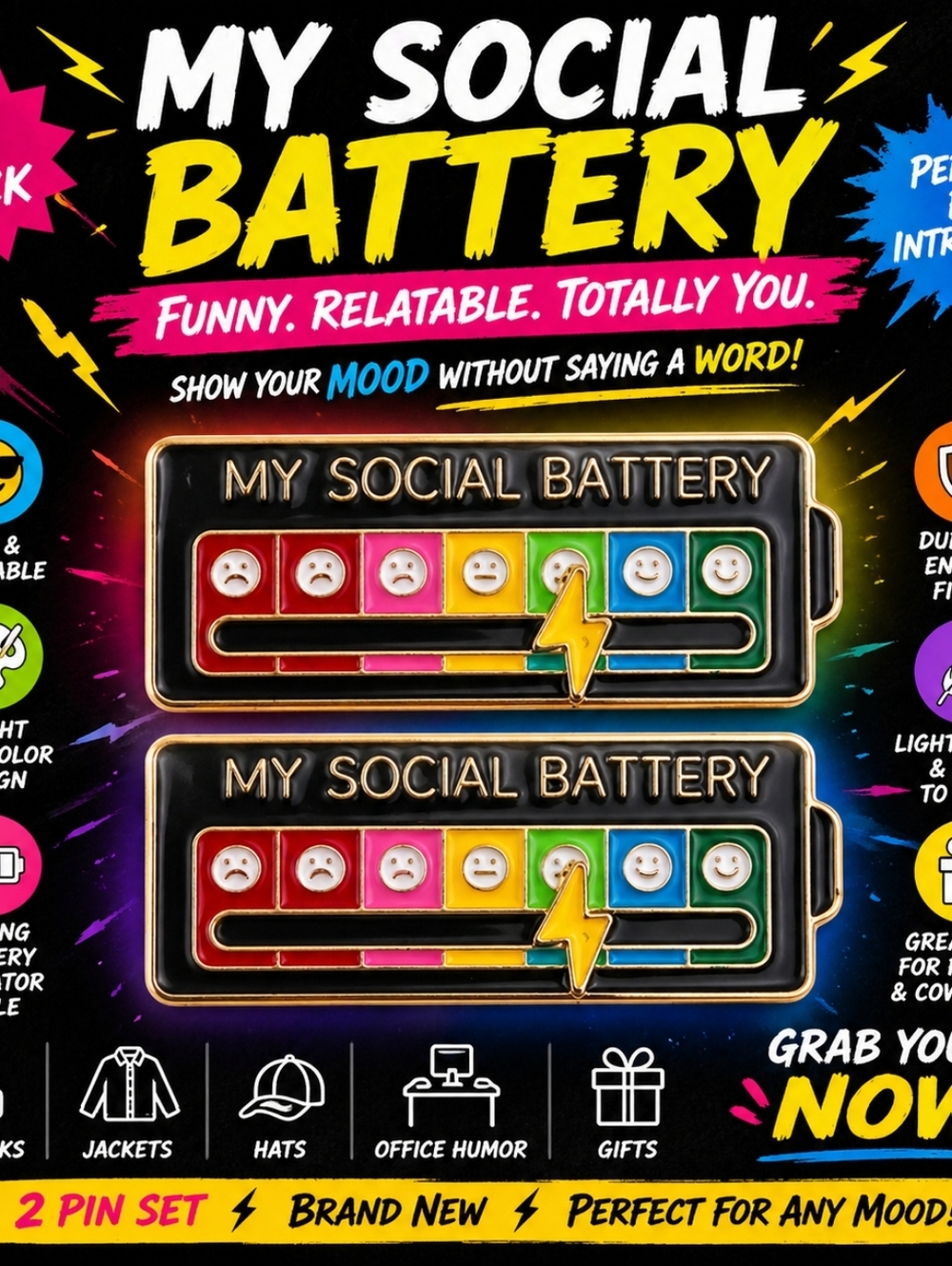 Enamel Pin "My Social Battery" Funny Introvert Mood Pin Set (Set of 2) Black